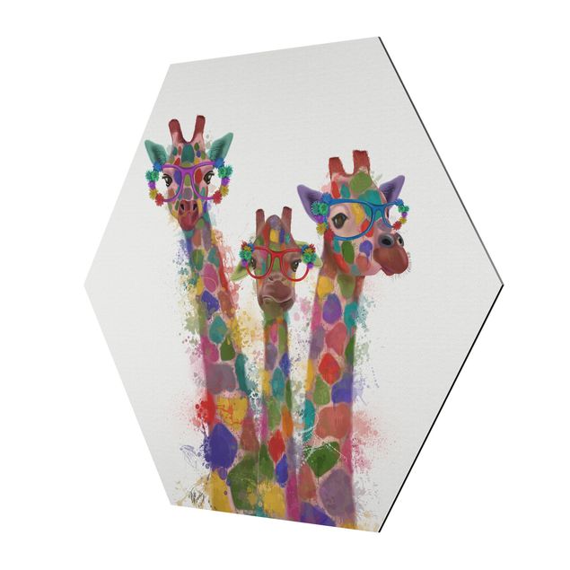 Esagono in Alluminio Dibond - Arcobaleno Splash Giraffe Trio