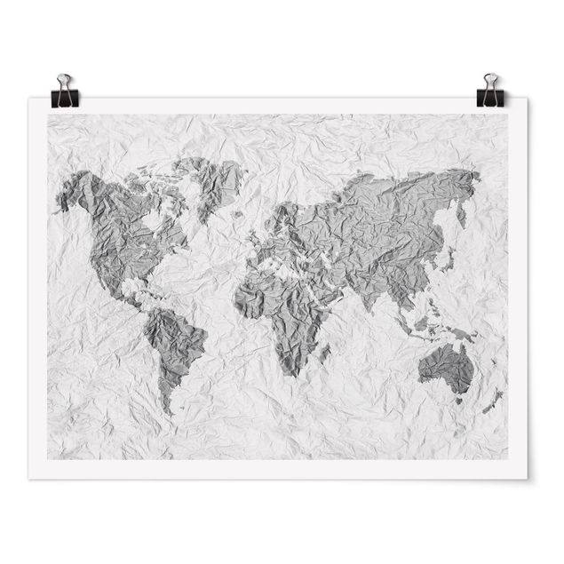 Poster - Paper World Map Bianco Grigio - Orizzontale 3:4