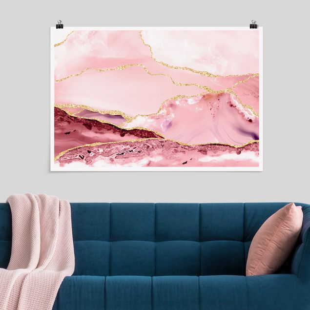 Quadri astratti Montagne astratte rosa con linee dorate