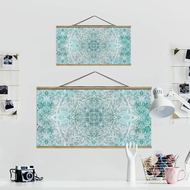 Foto su tessuto da parete con bastone - Mandala acquerelli Ornament Pattern Turchese - Orizzontale 1:2