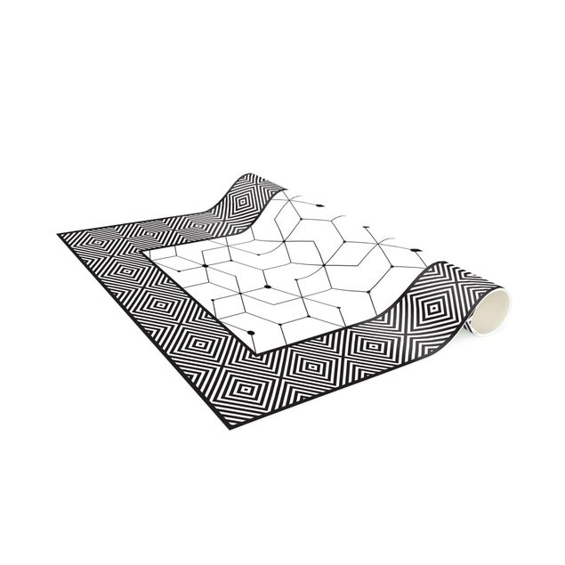 Tappeti in vinile - Piastrelle geometriche linee puntate bianco e nero con bordi - Verticale 1:2