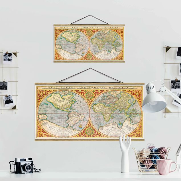 Foto su tessuto da parete con bastone - Storico Mappa del mondo Orbis Descriptio Terrare compendiosa - Orizzontale 1:2