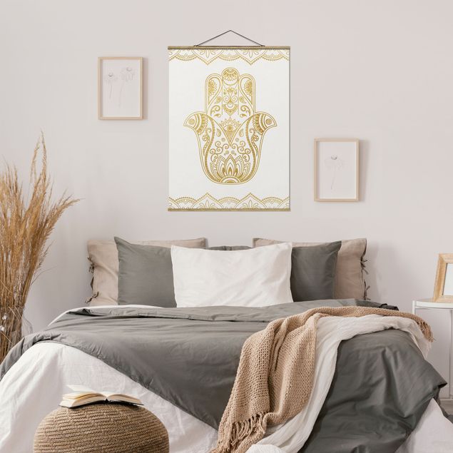 Foto su tessuto da parete con bastone - Illustrazione Hamsa mano oro bianco - Verticale 4:3