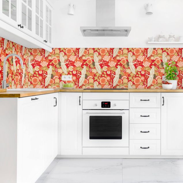 Rivestimenti cucina di plastica Gru e crisantemi in rosso