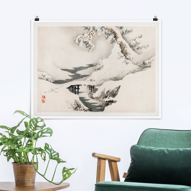 Poster vintage Disegno vintage asiatico di un paesaggio invernale