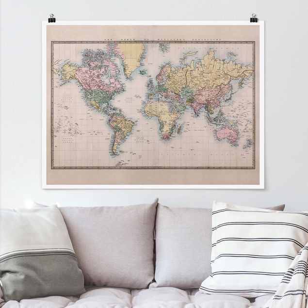 Poster illustrazioni Mappa del mondo vintage del 1850