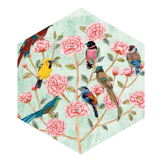 Carta da parati esagonale adesiva con disegni - Collage di chinoiserie in menta