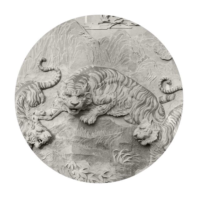 Tappeto in vinile rotondo - Chinoiserie con tigre in effetto pietra