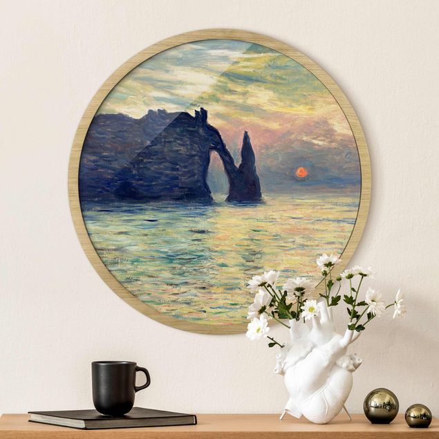 Poster con cornice rotonda Claude Monet - La scogliera, Étretat, tramonto