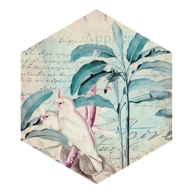 Carta da parati esagonale adesiva con disegni - Colonial Style Collage - Cacatua e palme