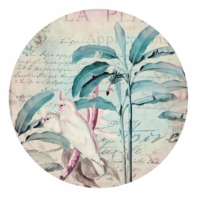 Carta da parati rotonda autoadesiva - Coloniale Collage - cacatua e palme