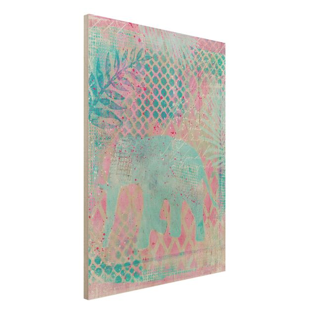 Stampa su legno - Colorato collage - Elefante in blu e rosa - Verticale 4:3