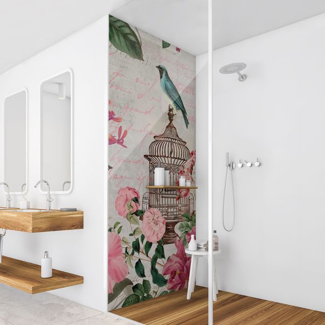 Rivestimenti per doccia alluminio dibond Collage Shabby Chic - Fiori rosa e uccelli blu