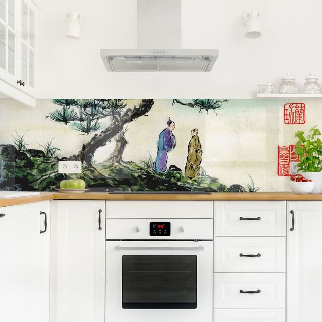 Rivestimenti cucina di plastica Disegno acquerello giapponese pino e villaggio di montagna