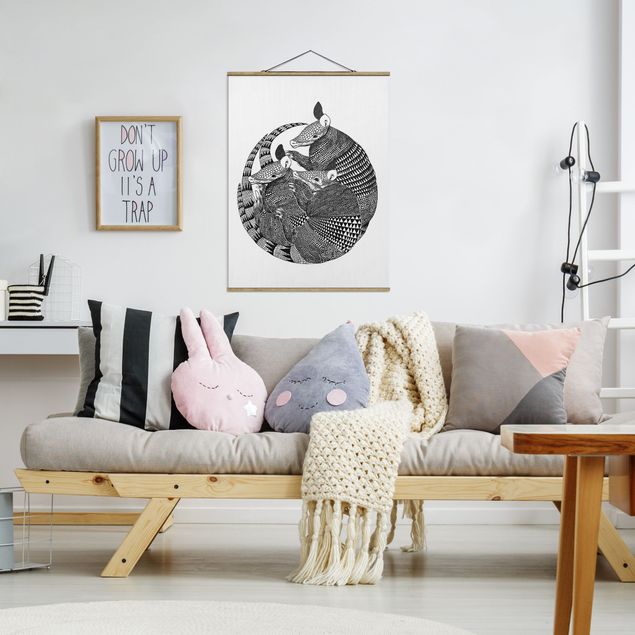 Foto su tessuto da parete con bastone - Laura Graves - Illustrazione del modello Armadillos Bianco e nero - Verticale 4:3