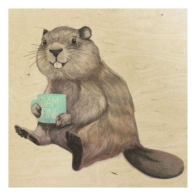 Stampa su legno - Illustrazione Beaver con tazza di caffè - Quadrato 1:1