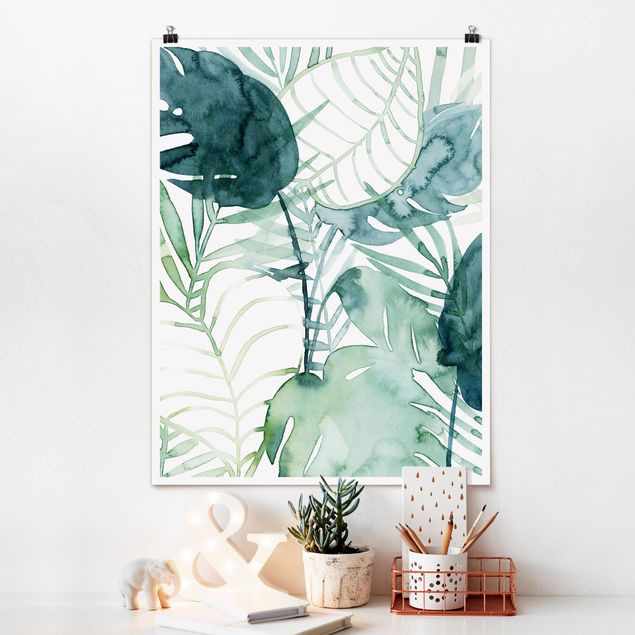 Poster acquerello Fronde di palma colorate ad acqua II