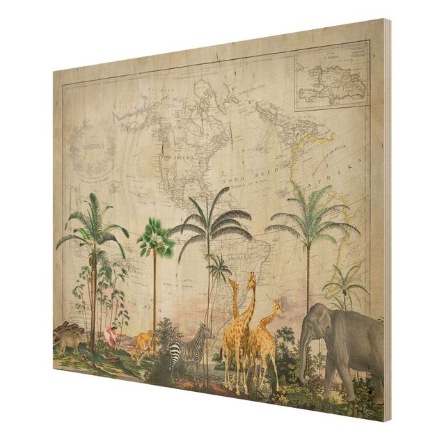 Stampa su legno - Vintage Collage - Wildlife sulla mappa del mondo - Orizzontale 3:4