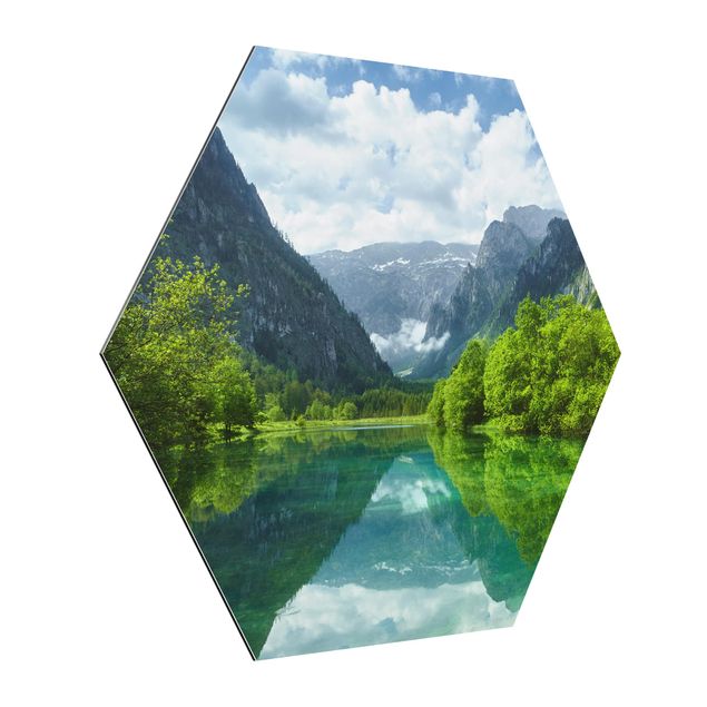 Esagono in Alluminio Dibond - Mountain Lake con mirroring