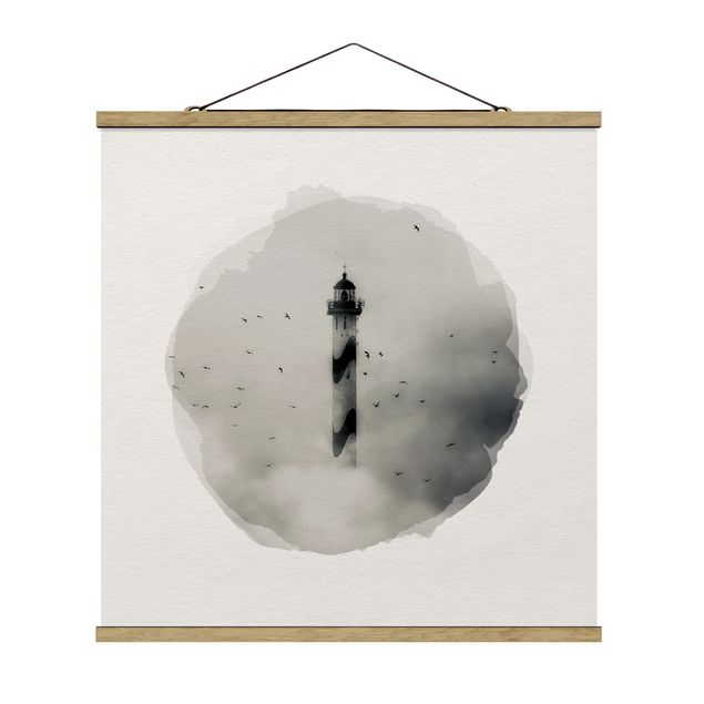 Quadro su tessuto con stecche per poster - Acquarelli - Faro nella nebbia - Quadrato 1:1