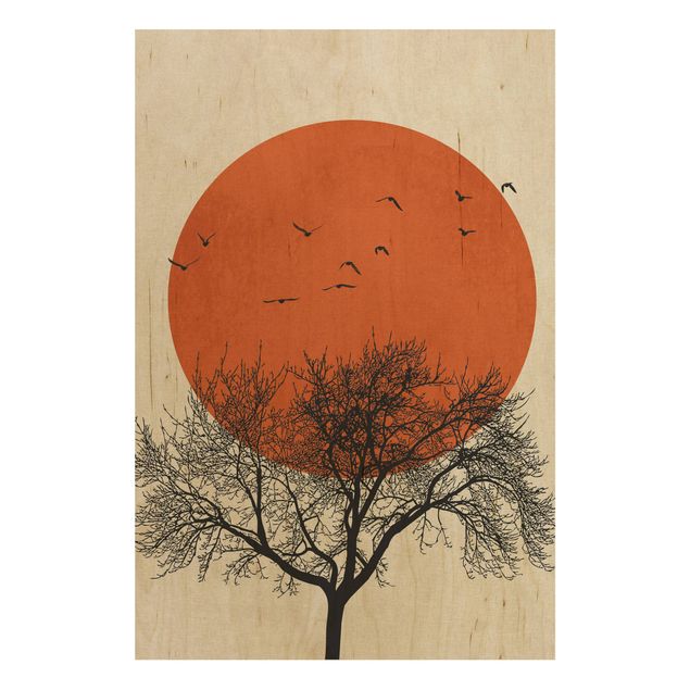 Stampa su legno - Stormo di uccelli su sole rosso II - Verticale 3:2