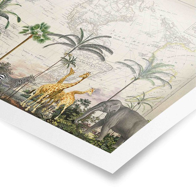 Poster - Vintage Collage - Wildlife sulla mappa del mondo - Orizzontale 3:4