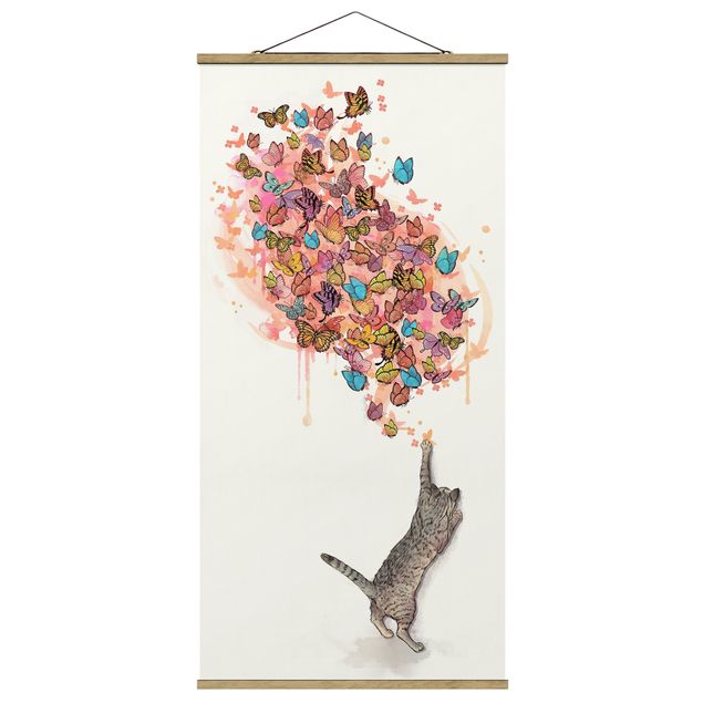 Quadro su tessuto con stecche per poster - Laura Graves - Illustrazione del gatto con farfalle colorate Pittura - Verticale 2:1