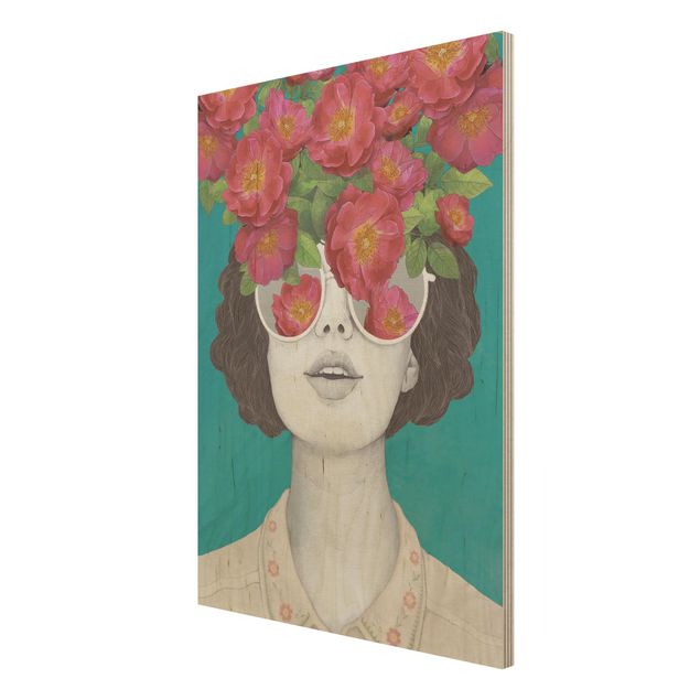 Stampa su legno - Illustrazione Collage del ritratto della donna con i fiori Occhiali - Verticale 4:3