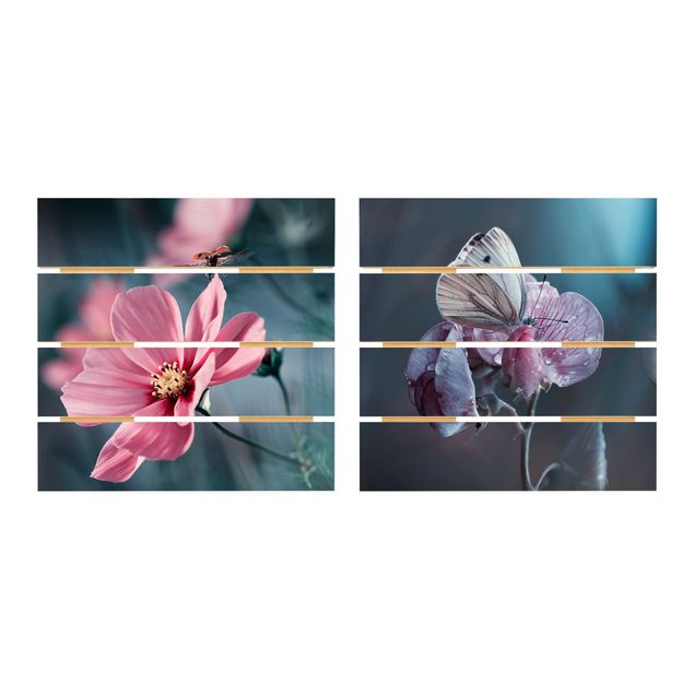 Quadro in legno effetto pallet - Farfalla e coccinella On Flowers - Quadrato 1:1
