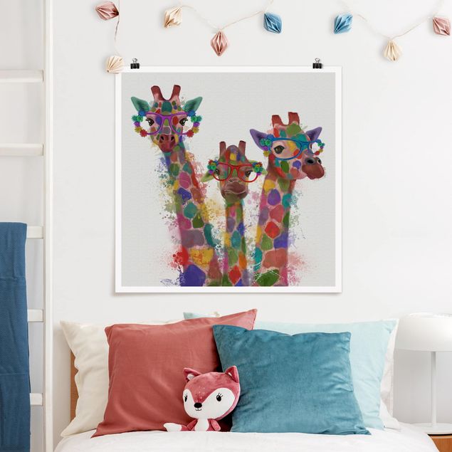 Poster cameretta bambini animali Trio di giraffe con schizzi arcobaleno