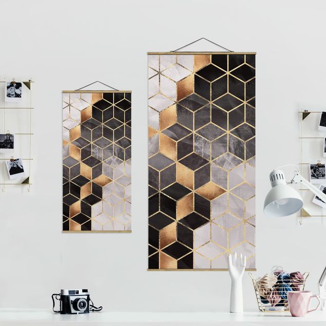 Quadro su tessuto con stecche per poster - Elisabeth Fredriksson - Bianco e oro Geometria Nero - Verticale 2:1