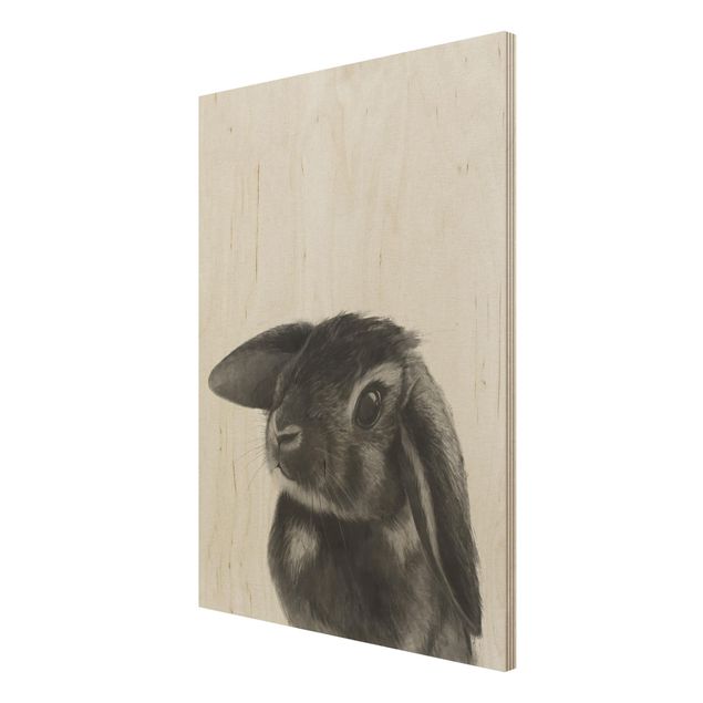 Stampa su legno - Illustrazione Coniglio bianco e nero Disegno - Verticale 4:3
