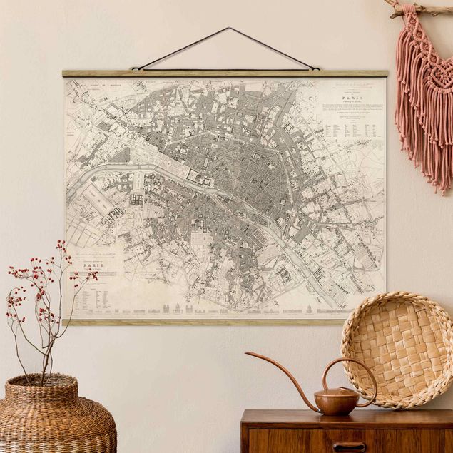 Foto su tessuto da parete con bastone - Vintage mappa di Parigi - Orizzontale 3:4