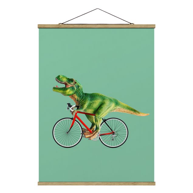 Foto su tessuto da parete con bastone - Dinosauro con la bicicletta - Verticale 4:3