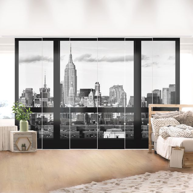 tende a pannello corte Finestre con vista sullo Skyline di New York in bianco e nero