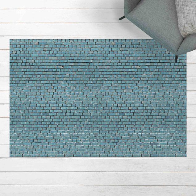 Tappeto da balcone Carta da parati effetto mattoni e piastrelle in blu turchese