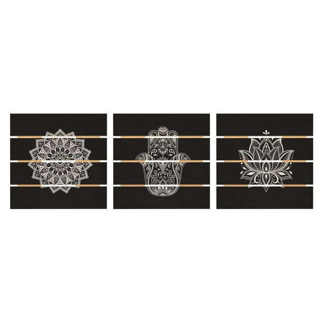 Quadro in legno effetto pallet - Mandala mano di Hamsa Lotus Set To Black - Quadrato 1:1