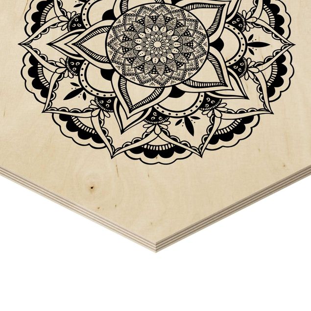 Esagono in legno - Mandala Fiore Sun Set di illustrazione Bianco e nero