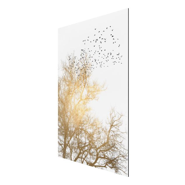 Stampa su alluminio - Stormo di uccelli davanti ad un albero dorato - Verticale 3:2