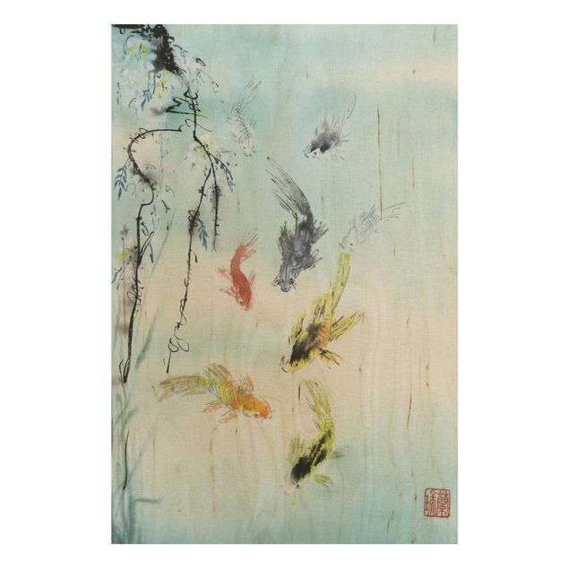 Stampa su legno - Giapponese disegno ad acquerello Goldfish I - Verticale 3:2