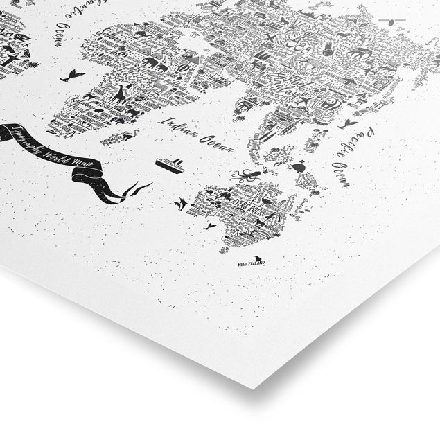 Poster - Tipografia Bianco mappa del mondo - Orizzontale 2:3