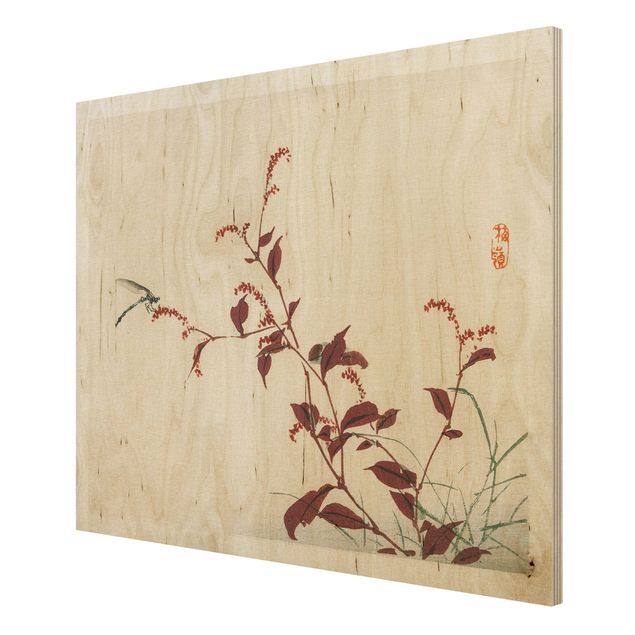 Stampa su legno - Asian Vintage Disegno Red Branch con libellula - Orizzontale 3:4