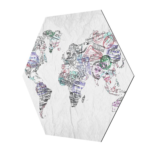 Esagono in Alluminio Dibond - Timbro del passaporto Mappa del mondo