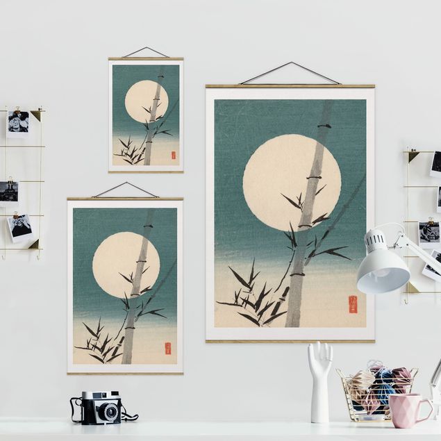 Foto su tessuto da parete con bastone - Giapponese Disegno Bambù E Luna - Verticale 3:2
