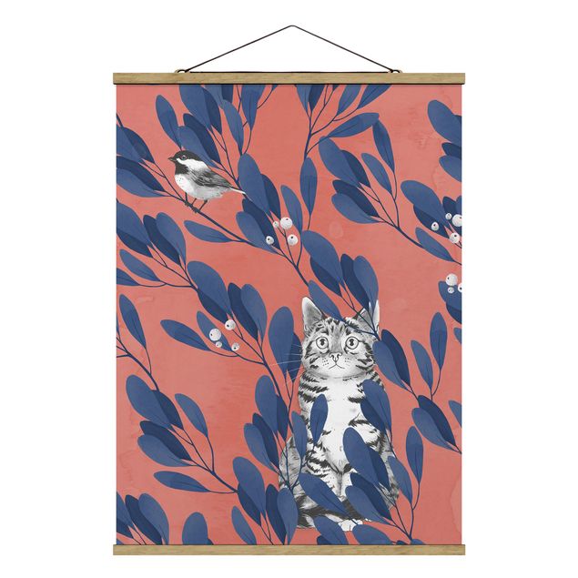 Foto su tessuto da parete con bastone - Laura Graves - Illustrazione Gatto E uccello sul ramo Blu Rosso - Verticale 4:3