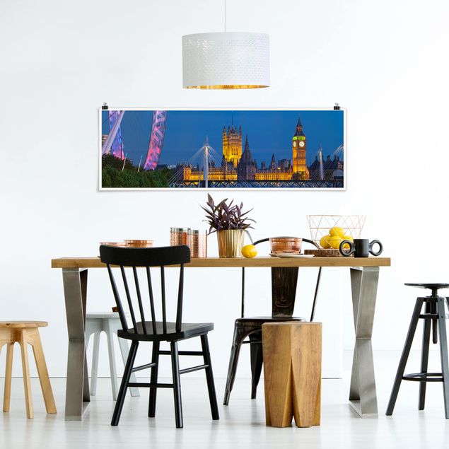 Poster - Big Ben e Westminster Palace di Londra di notte - Panorama formato orizzontale