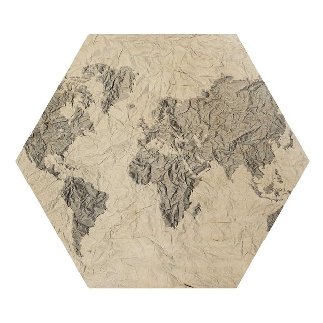 Esagono in legno - Paper World Map Bianco Grigio