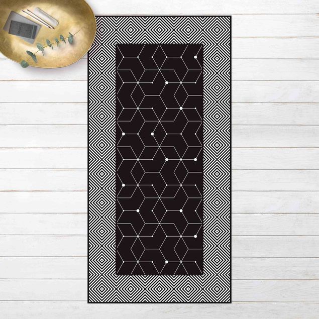 Tappeti in vinile - Piastrelle geometriche linee puntate in nero con bordi - Verticale 1:2