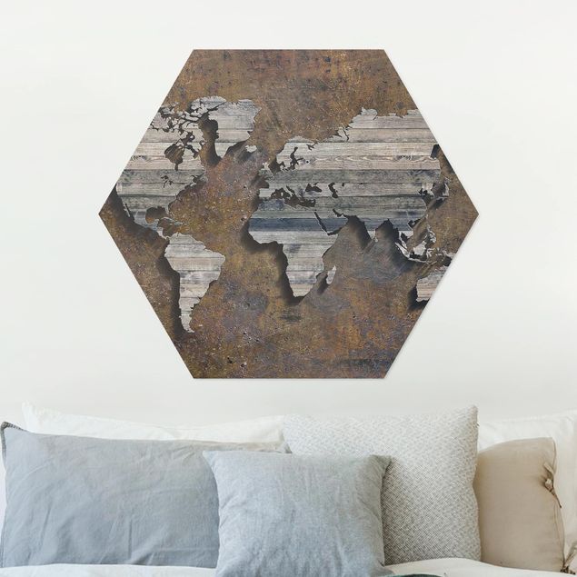 Esagono in Alluminio Dibond - Mappa del mondo di legno Griglia