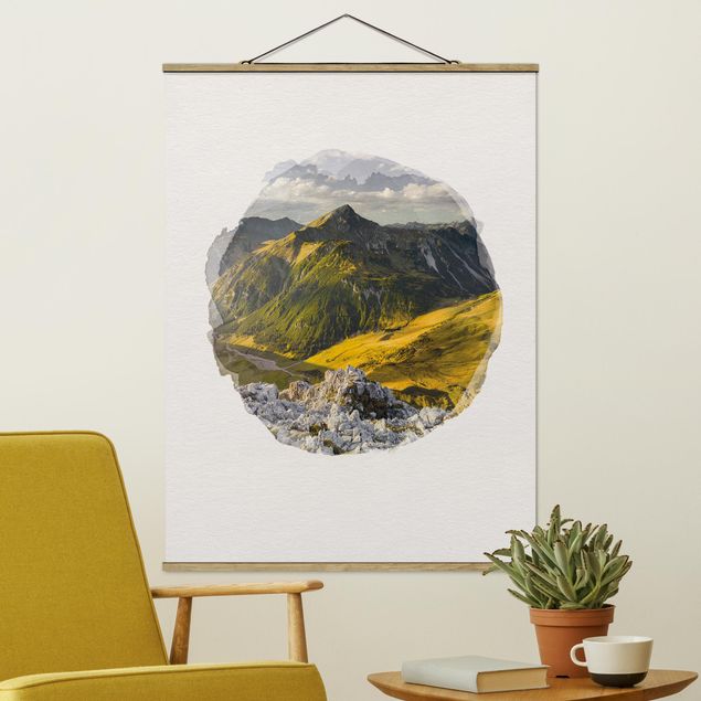 Foto su tessuto da parete con bastone - Acquerelli - Montagne e valle delle Alpi Lechtal in Tirolo - Verticale 4:3